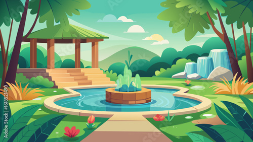 Vector art of a picturesque garden showcasing a unique fountain in a pond, a covered gazebo, and a gentle waterfall cascading down rocks