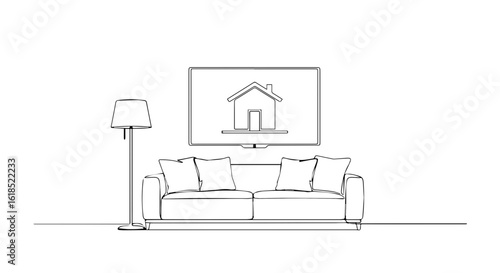 Simple living room sketch features sofa, TV, and floor lamp in minimalist style. This simple living room sketch shows basic furniture arrangement in drawing style, revealing house on TV.