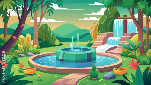Vector art of a beautiful garden oasis featuring a multitiered waterfall and a central fountain in a serene landscape