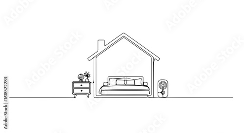 Outline home interior featuring bed and nightstand in simple design. Home interior includes bedside table and ventilator creating a minimalist and calming space.