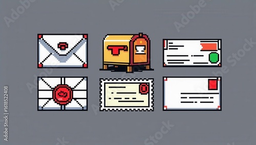 Pixel art collection of various envelopes a mailbox and a postage stamp