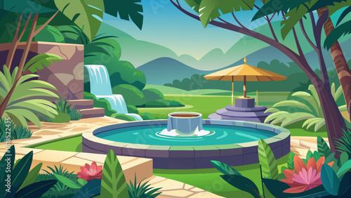 Vector art of a serene tropical garden oasis features a central fountain and a cascading waterfall with lush greenery and mountains in the background