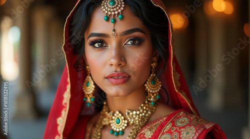 Beautiful indian woman with luxurious jewelry with turquoise stones in red saree