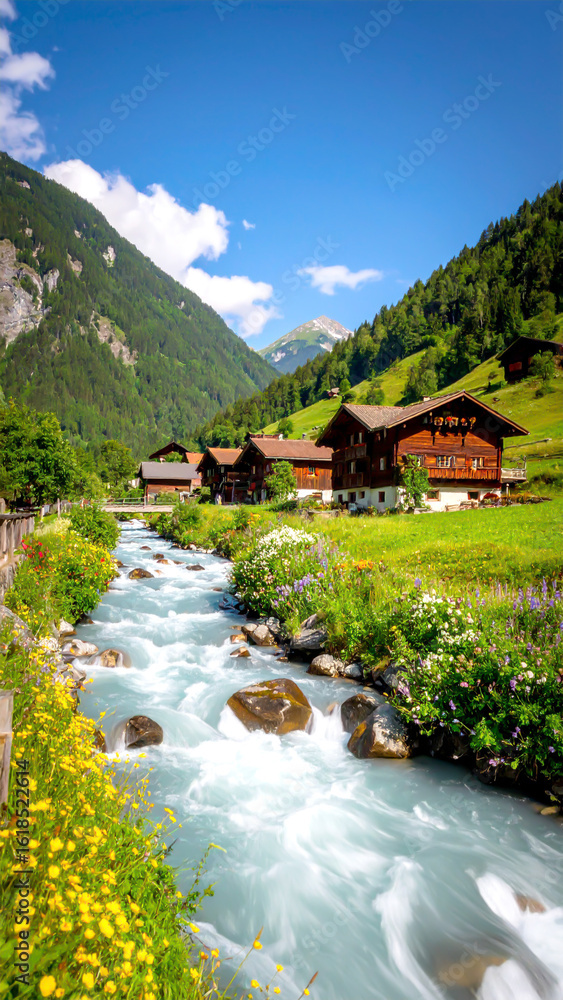 Fototapeta premium Idyllische Berglandschaft mit Bauernhäusern und Fluss 