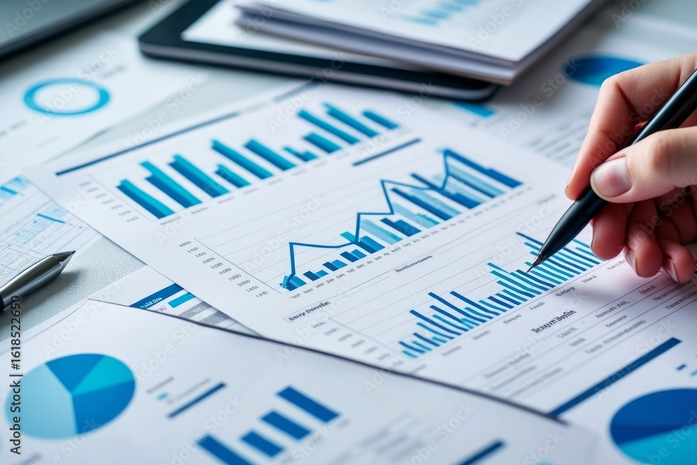 Hand analyzing financial charts and graphs with a pen Hand analyzing financial charts and graphs with a pen