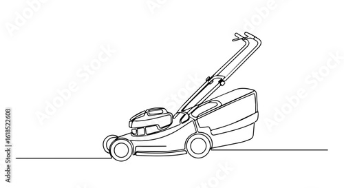 Simple line drawing of a lawn mower on white illustrates a lawn mower. Outlined lawn mower, simple line art presents lawn trimming machine, with container and handle.