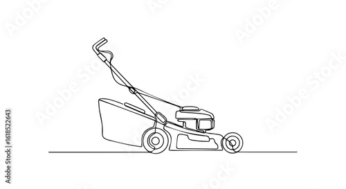 One continuous line drawing of Lawn mower for grass cutting in modern minimalistic concept. Lawn mower helps to maintain garden lawns, simple equipment, simple machine.