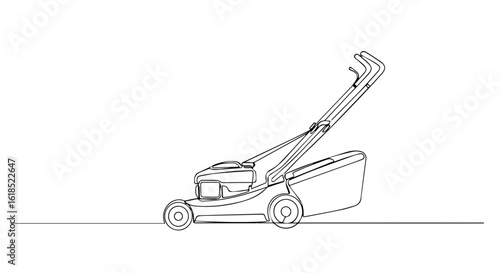 Lawn mower on white background for lawn care and gardening. Lawn mower for cutting grass in domestic garden, shown as a simplistic representation.