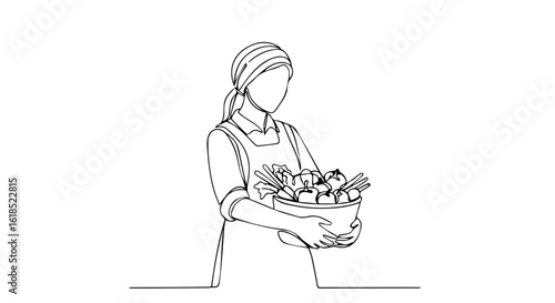 One line drawing of woman holding bowl with fresh vegetables. Single line drawing portrays farmer carrying harvested produce. Continuous line drawing, concept organic farming for healthy living,