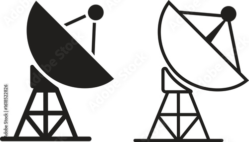 Satellite dish icon set, black vector collection of communication antenna group in flat and line style, radar signal transmitter receiver symbols, wireless broadcast network elements bundle
