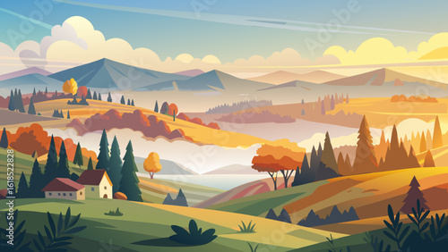 Vector art of a picturesque autumn landscape unfolds with rolling hills, vibrant trees, and distant mountains under a warm, hazy sky