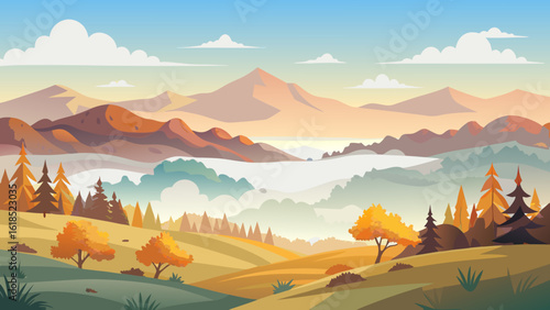 Vector art of an expansive autumn mountain range with misty valleys and golden light, showcasing the beauty of the season