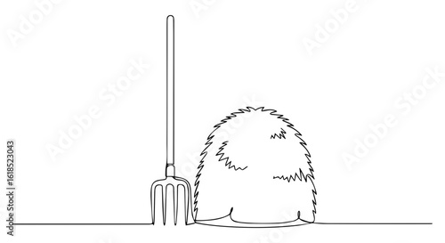 Haystack with pitchfork in minimal line style illustration with a hay bale. Haystack shown with pitchfork for a line drawing or design element.