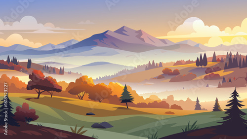 Vector art of majestic mountains rise above a misty autumn valley, dotted with colorful trees and bathed in the warm glow of the setting sun