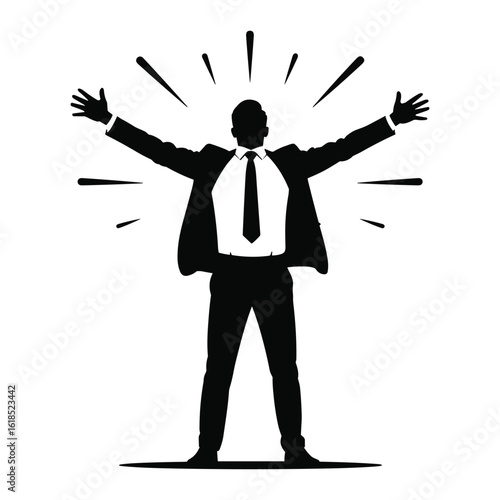 Silhouette of a triumphant businessman with arms outstretched celebrating success