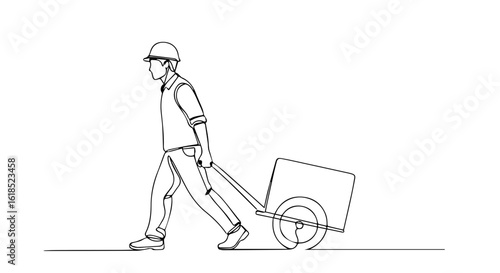 One line drawing illustration, construction worker pulling cart. Construction worker is a professional working, hauling supplies. This single line drawing of construction worker implies hard work,