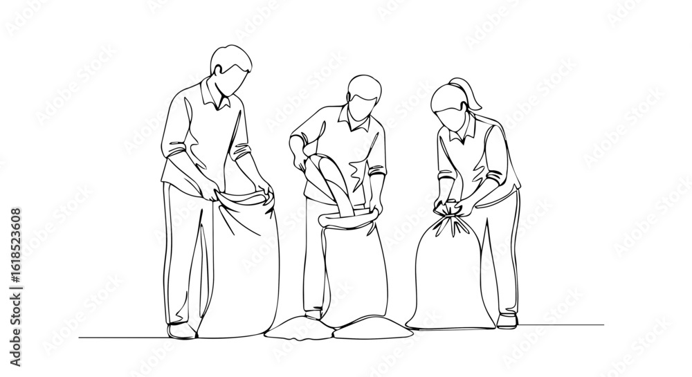 Fototapeta premium Line drawing style illustration shows people filling sandbags. People filling sandbags, a community response, shows unity and action in times of crisis. This line drawing,