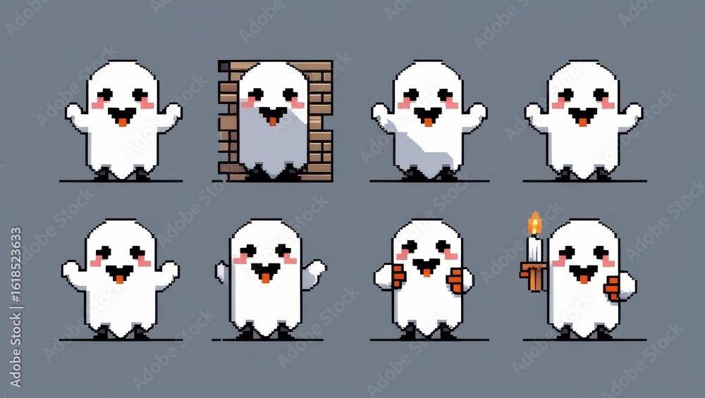 Obraz premium Pixel art ghosts with happy faces one peeking from a brick wall another holding a candle