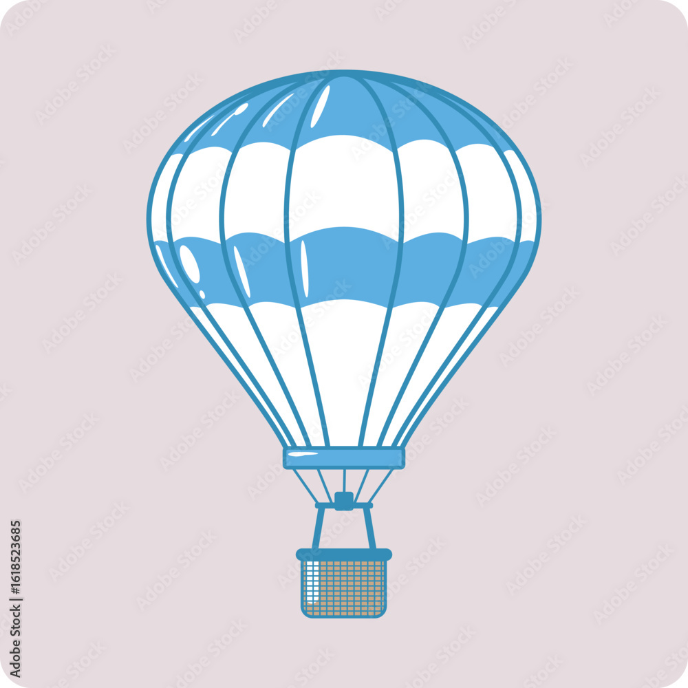 Naklejka premium Flat Outline Blue and White Hot Air Balloon cartoon style on Pastel Background