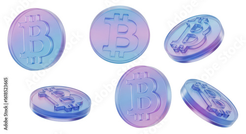 Digital rendering of holographic Bitcoin coins in various angles floating against a clean white backdrop for crypto investment and digital asset concepts
