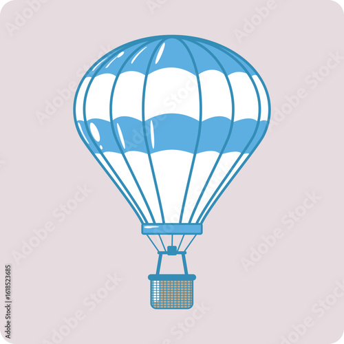 Flat Outline Blue and White Hot Air Balloon cartoon style on Pastel Background