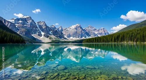 Fototapeta Naklejka Na Ścianę i Meble -  Photo of the turquoise waters of moraine lake reflect the canadian rocky mountains