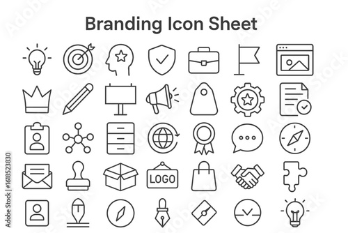 Icon Array of Brand Identity: A detailed assortment of minimalist icons that represent a broad range of elements that encompass brand creation, marketing and brand recognition.