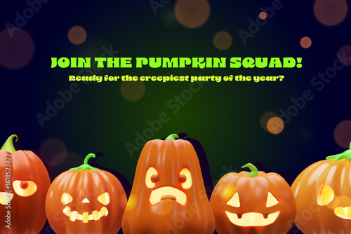 A horizontal 3D Halloween banner featuring five carved jack-o-lantern pumpkins arranged in a row. Party invitations, seasonal advertisements, or social media posts.