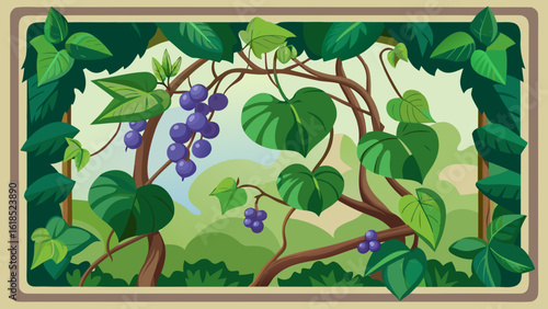 Vector art of a framed view of a green grapevine with clusters of purple grapes and abundant leaves, overlooking a soft, rolling landscape