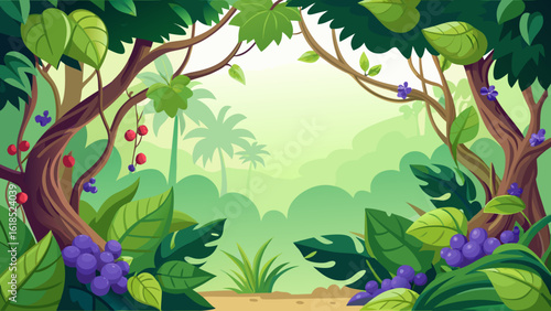 Vector art of a lush jungle scene framed by trees and vines, with vibrant green foliage and hints of purple berries