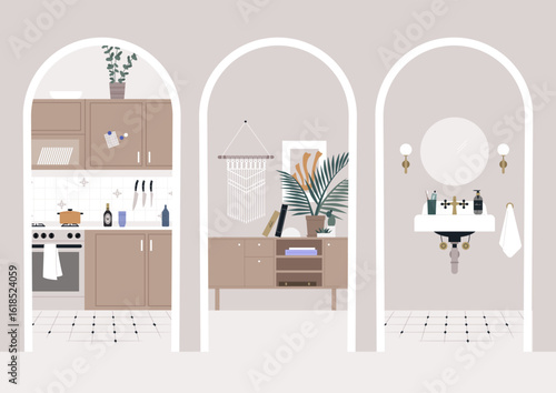 Exploring a stylish corridor adorned with three unique doorways that connect inviting spaces, featuring a warm kitchen, a cozy living area, and a serene bathroom setting