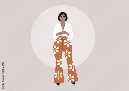 Bold floral bell bottoms elevate any outfit, combining retro charm with contemporary flair, The wearer radiates confidence, ready for a lively day of style exploration.