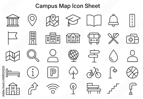 Campus Map Icon Sheet: A comprehensive icon sheet featuring various essential campus map elements, designed in a clean, minimalist style.