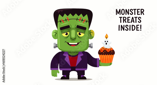 Cartoon Frankenstein Holding a Halloween Cupcake with Ghost Candle.