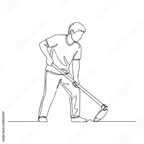 Man working, showing hoeing with a garden tool in continuous line art. Gardening activity for agricultural production, including soil preparation.