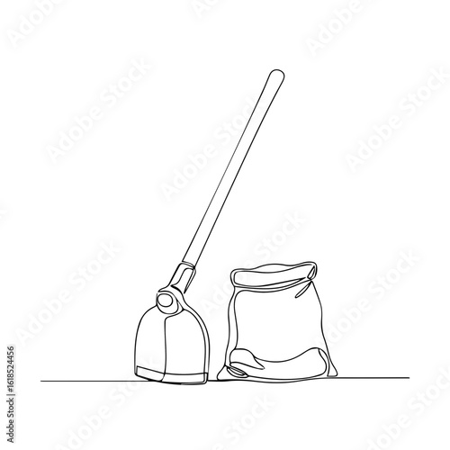 Hoe and bag, minimal linear drawing of agricultural tools. Hoe and bag, simple design shows agriculture tools used in farming. Concept hoe and bag for farming equipment to cultivate the land.