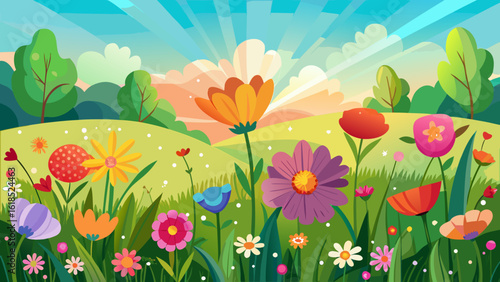 Vector art of a picturesque spring scene with numerous colorful flowers, green hills, and a bright sky