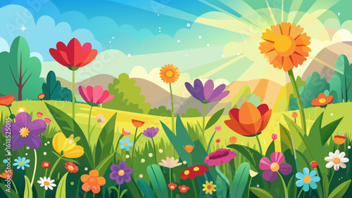 Vector art of a lively spring meadow filled with a variety of colorful flowers and lush greenery under a bright sky
