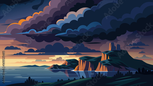 Vector art of dramatic sunset over the ocean with a sailboat approaching rugged cliffs and stormy clouds