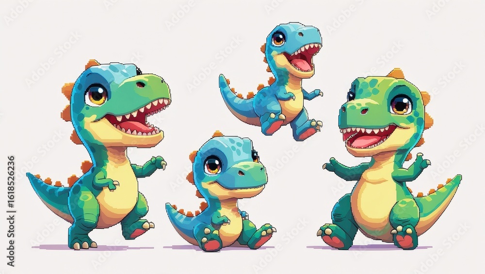Fototapeta premium Four happy cartoon dinosaurs green and blue in various poses on a white background