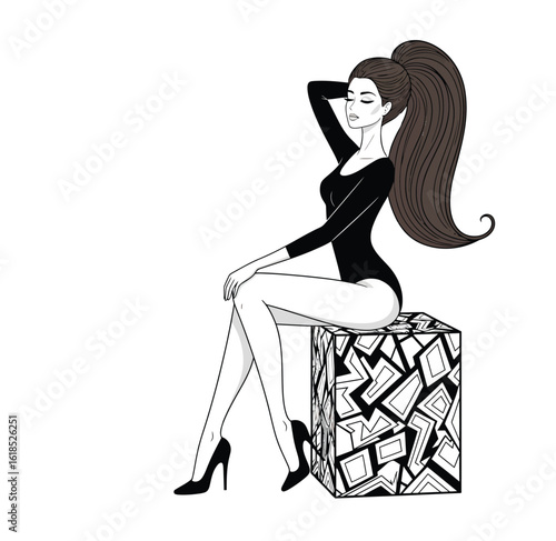 Fashion illustration of a beautiful girl in a leotard and high heels. Elegant woman with a long ponytail hairstyle sitting on an abstract cube. Vector art for a beauty or style concept