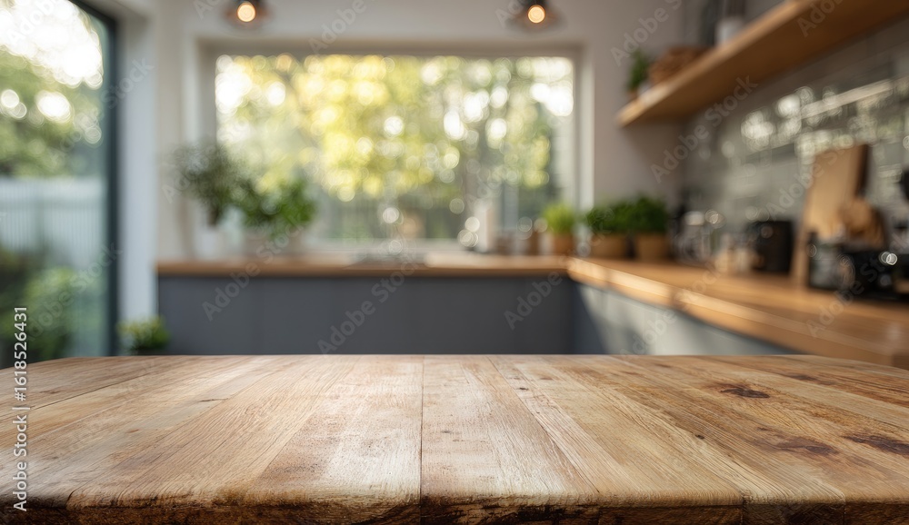 Blurred kitchen, wooden tabletop Blurred kitchen, wooden tabletop