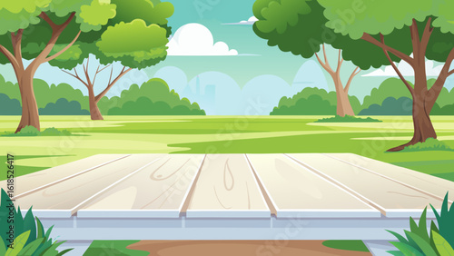 Vector art of an empty wooden picnic table stands in a sunny park with green trees and a blue sky