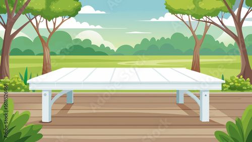 Vector art of an empty white picnic table sits on a wooden deck in a sunny park with green trees and a blue sky