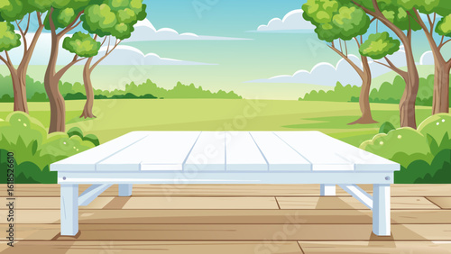 Vector art of an empty white picnic table sits on a wooden deck in a sunny park with green trees and a blue sky