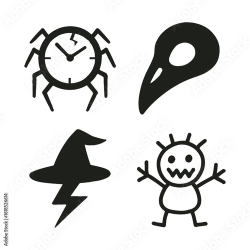 Collection of monochrome spooky vector icons for Halloween and fantasy.