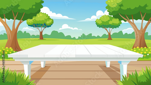 Vector art of an empty white picnic table sits on a wooden deck in a sunny park with trees and green grass