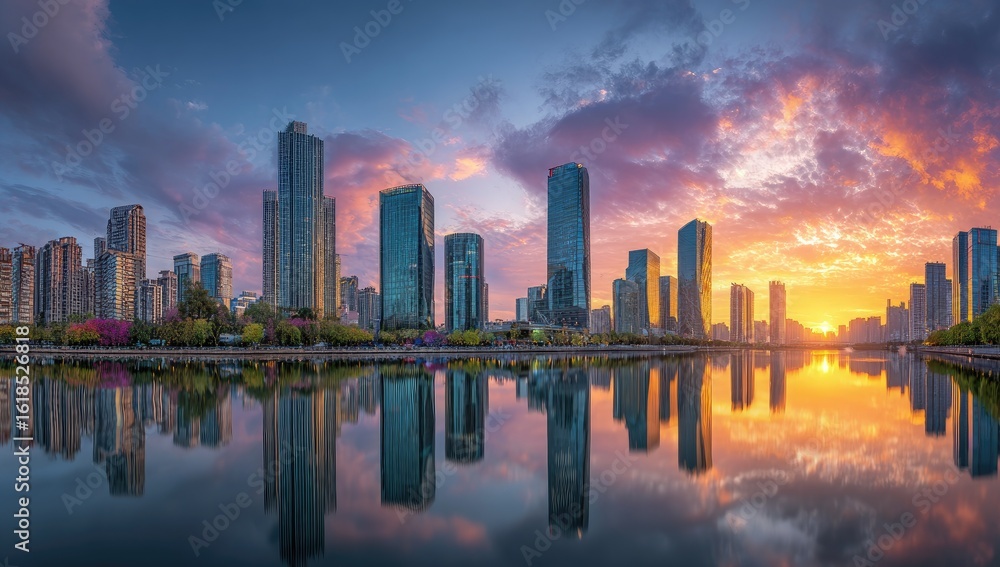 Obraz premium City skyline at sunset reflected in calm water