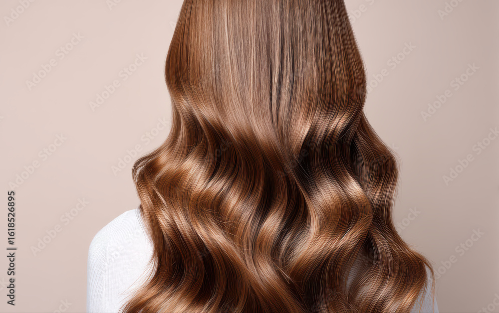 Fototapeta premium Shiny long wavy brown hair with smooth texture reflects light beautifully in beauty salon setting highlighting healthy hair care and styling techniques