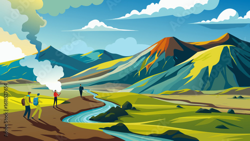 Vector art of a group of hikers walks along a riverbed towards steaming volcanic mountains in a vibrant landscape